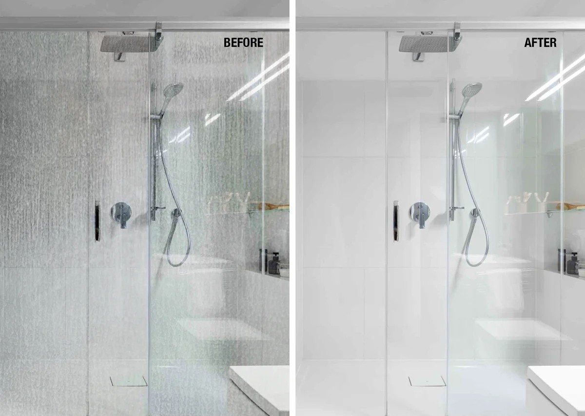 Shower glass before and after installing an Aquanova water softener
